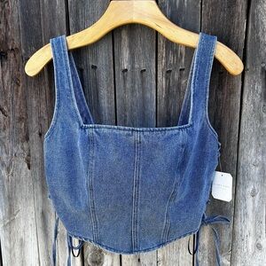 NWT Altar’d State Denim Corset Lace Up Bustier Crop Top Cotton Blue L